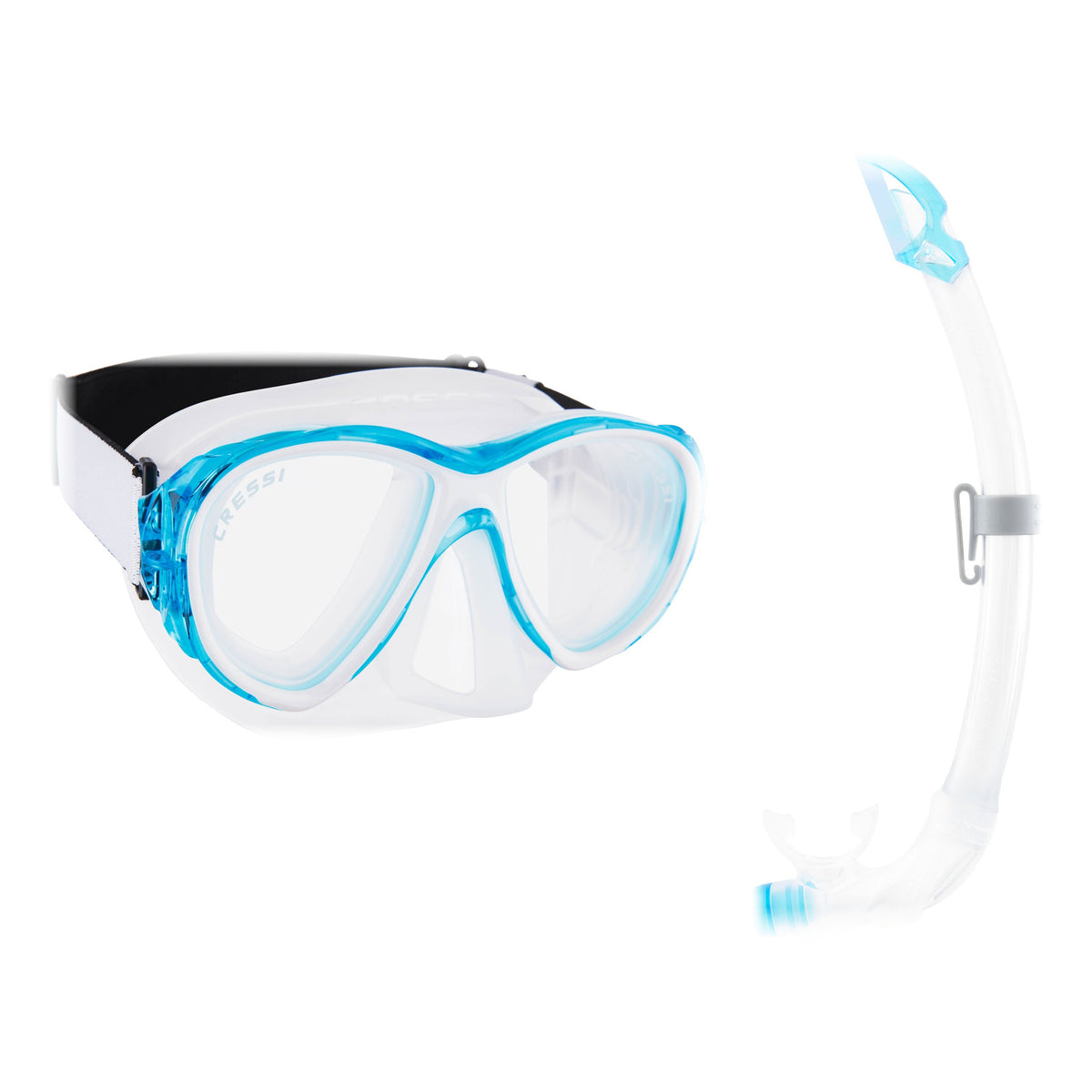 Cressi Samoa mask in clear with aquamarine and Mexico Pro snorkel in clear with aquamarine