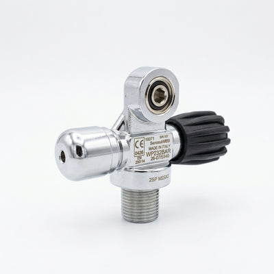 San-O-Sub right hand modular valve, three-quarter view of the handwheel and chrome body