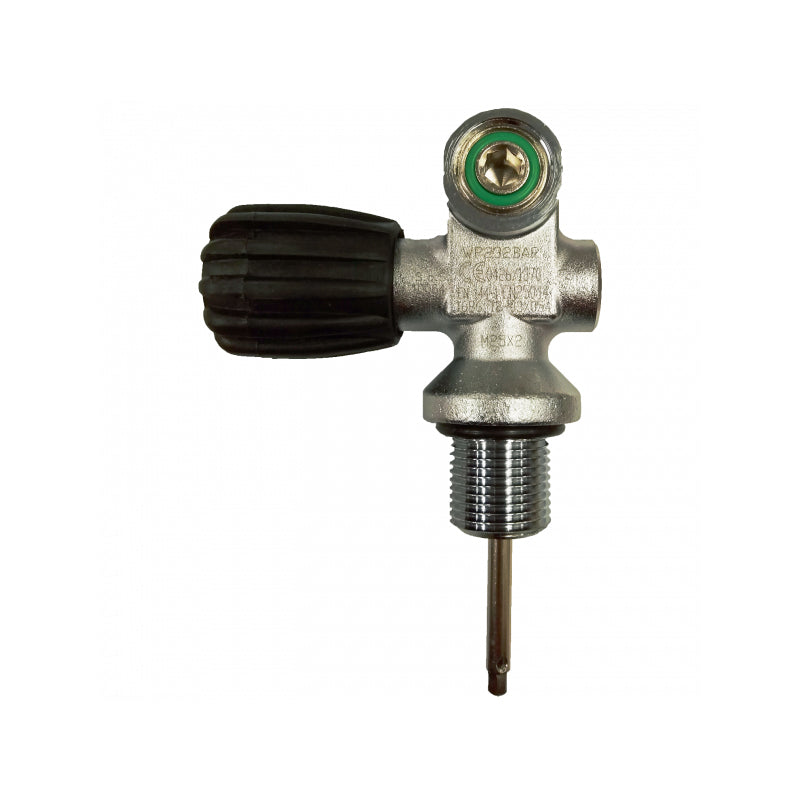 San-O-Sub mono cylinder valve for 232 bar, chrome body with black handwheel on the left and dip tube