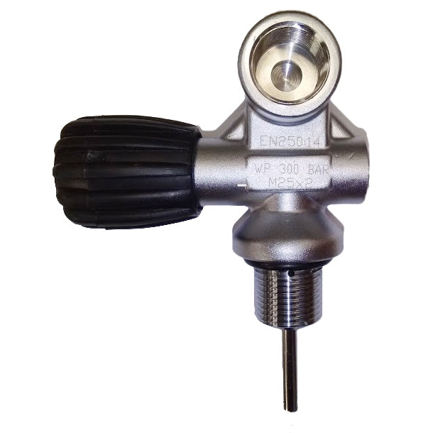 San-O-Sub 300 bar mono cylinder valve with black handwheel on the left and 300 bar DIN outlet