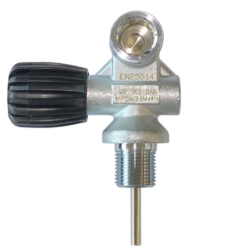 San-O-Sub 300 bar mono cylinder valve with black handwheel on the left and 300 bar DIN outlet