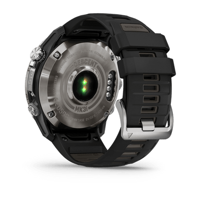 Garmin Descent Mk3i rear view showing the optical heart rate sensor and charging contacts