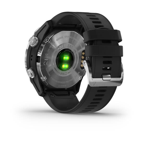 Garmin Descent Mk2i rear view showing the optical heart rate sensor