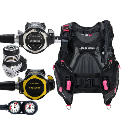 Component montage on white: the Aqua Lung Leg3nd Elite regulator, the yellow Leg3nd octopus and a twin-dial Combo 2K console, beside the Pro HD Women buoyancy compensator in black with pink trim.