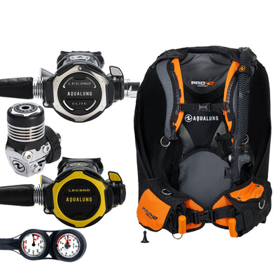 Component montage on white: the Aqua Lung Leg3nd Elite regulator, the yellow Leg3nd octopus and a twin-dial Combo 2K console, beside the Pro HD Compact buoyancy compensator in black and orange.