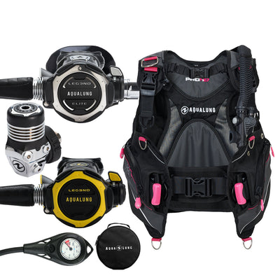 Component montage on white: the Aqua Lung Leg3nd Elite Pro Pack regulator, the yellow Leg3nd octopus, a single pressure gauge and the round Aqua Lung regulator bag, beside the Pro HD Women buoyancy compensator in black with pink trim.