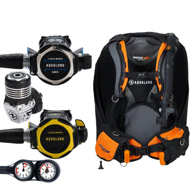 Component montage on white: the Aqua Lung Leg3nd MBS regulator, the yellow Leg3nd octopus and a twin-dial Combo 2K console, beside the Pro HD Compact buoyancy compensator in black and orange.