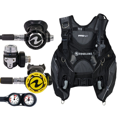 Component montage on white: the Aqua Lung Helix Compact Pro regulator, the yellow Helix octopus and a twin-dial Combo 2K console, beside the Pro HD Men buoyancy compensator in black and grey.