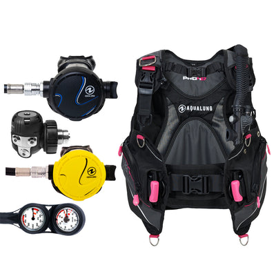 Component montage on white: the Aqua Lung Titan regulator, the yellow Titan octopus and a twin-dial Combo 2K console, beside the Pro HD Women buoyancy compensator in black with pink trim.