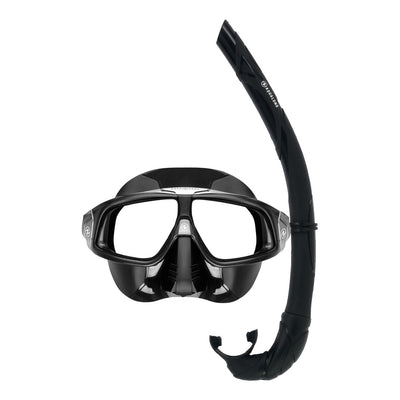 Component montage on white: Sphera X mask in black and Wrap snorkel in black.