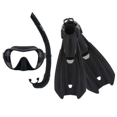 Component montage on white: Storm fins in black, Nabul mask in black and Wrap snorkel in black.