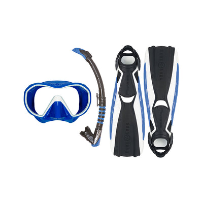 Component montage on white: Phazer fins in blue and white, Plazma mask in blue and Zephyr Flex snorkel in black and blue.