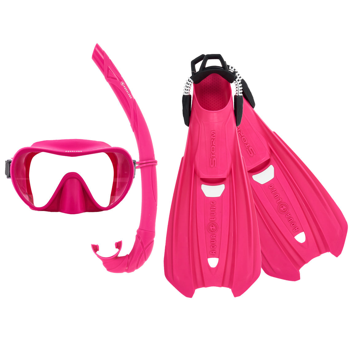 Component montage on white: Storm fins in pink, Nabul mask in pink and Wrap snorkel in pink.