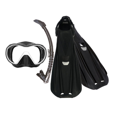 Component montage on white: Storm Max fins in black, Plazma mask in black and white and Zephyr Flex snorkel in black.