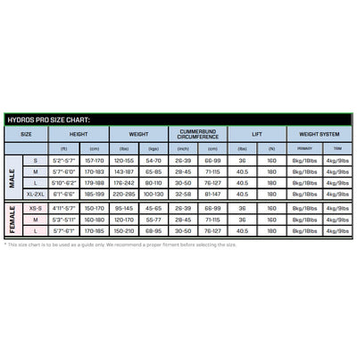 SCUBAPRO Hydros Pro size chart with height, weight and cummerbund measurements