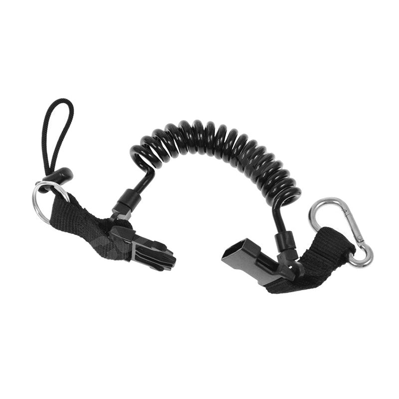 Scubatech black coil lanyard with quick-release buckles and a stainless steel snap hook