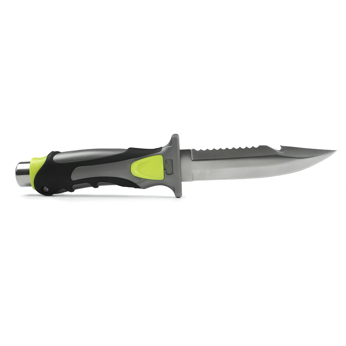 Scubatech Finn I dive knife beside its black plastic sheath