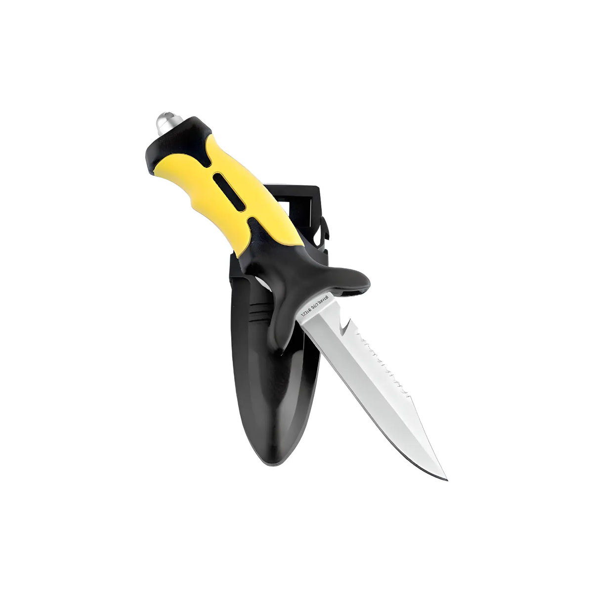 Scubatech Eagle dive knife with yellow and black handle beside its sheath