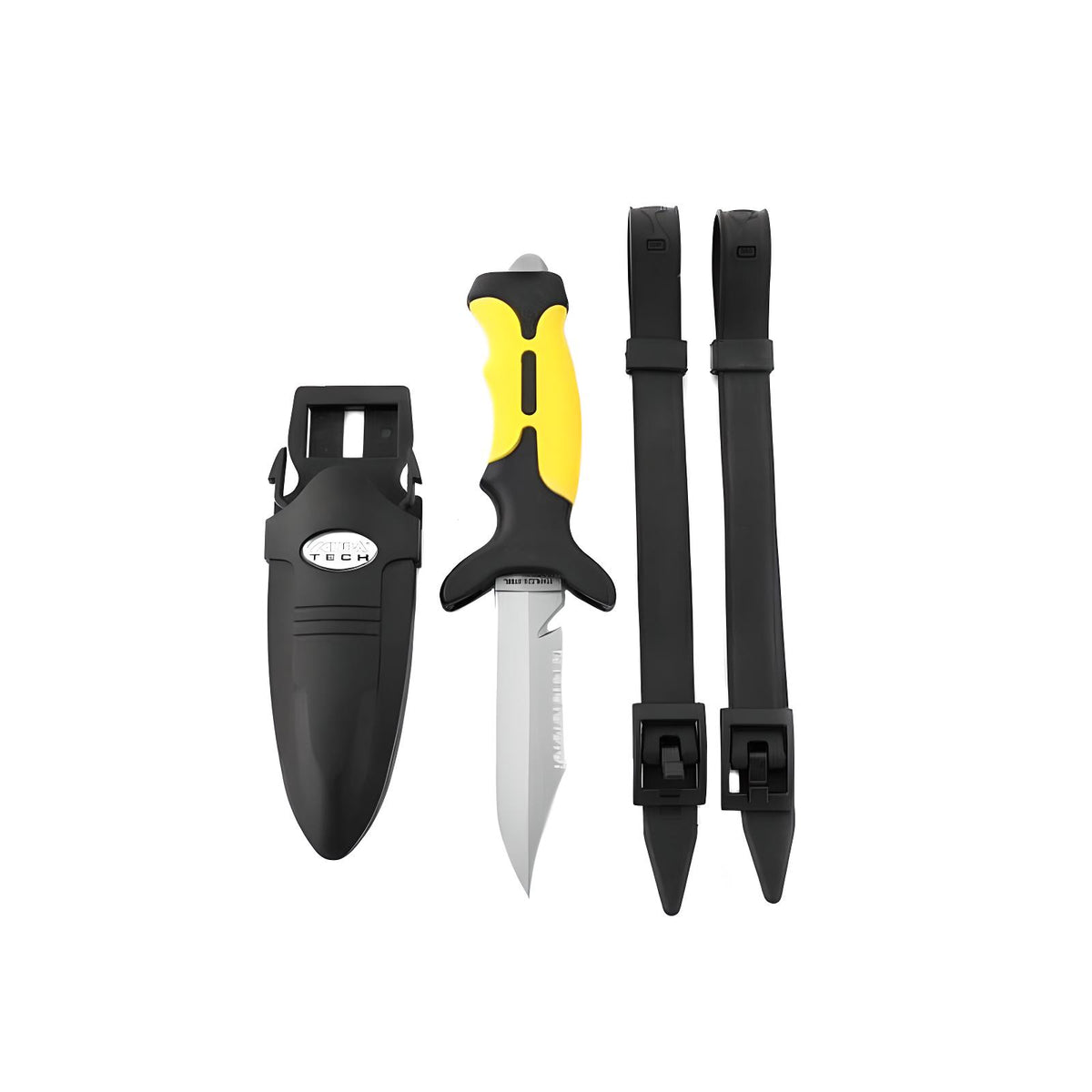 Scubatech Eagle dive knife with yellow and black handle beside its sheath