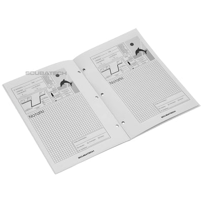 Scubatech logbook insert opened to show the dive record pages
