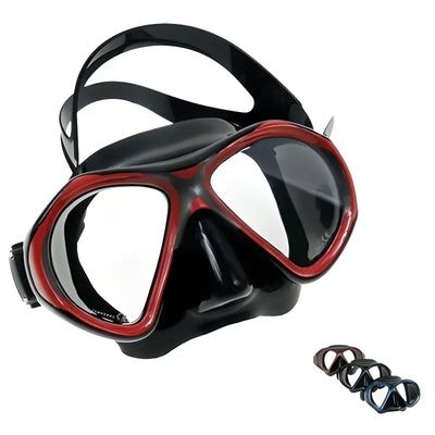 Scubatech Viper mask with black silicone skirt and red frame, with the other frame colours shown small