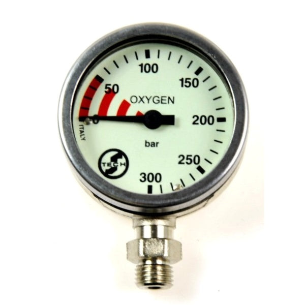 Scubatech 52 mm oxygen pressure gauge with a 300 bar dial and nickel head