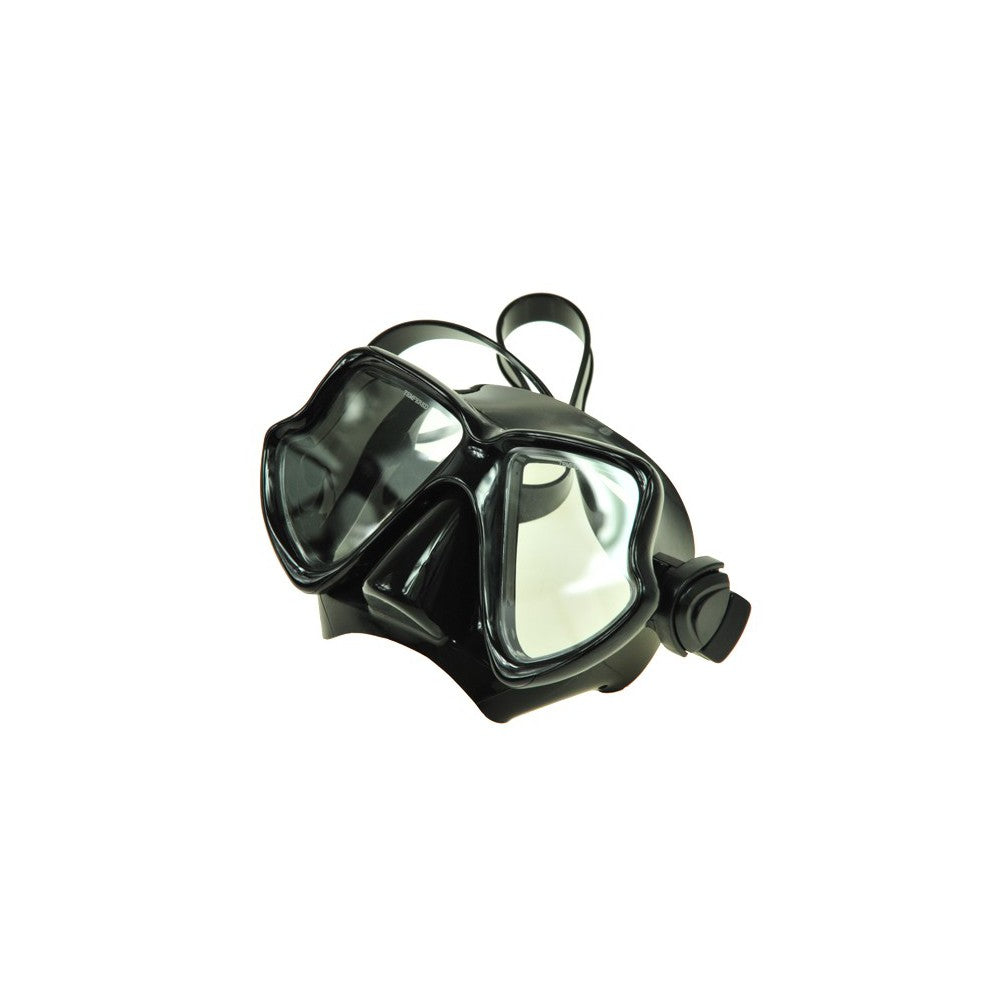 Scubatech Orka mask in black silicone with black frame, three-quarter view