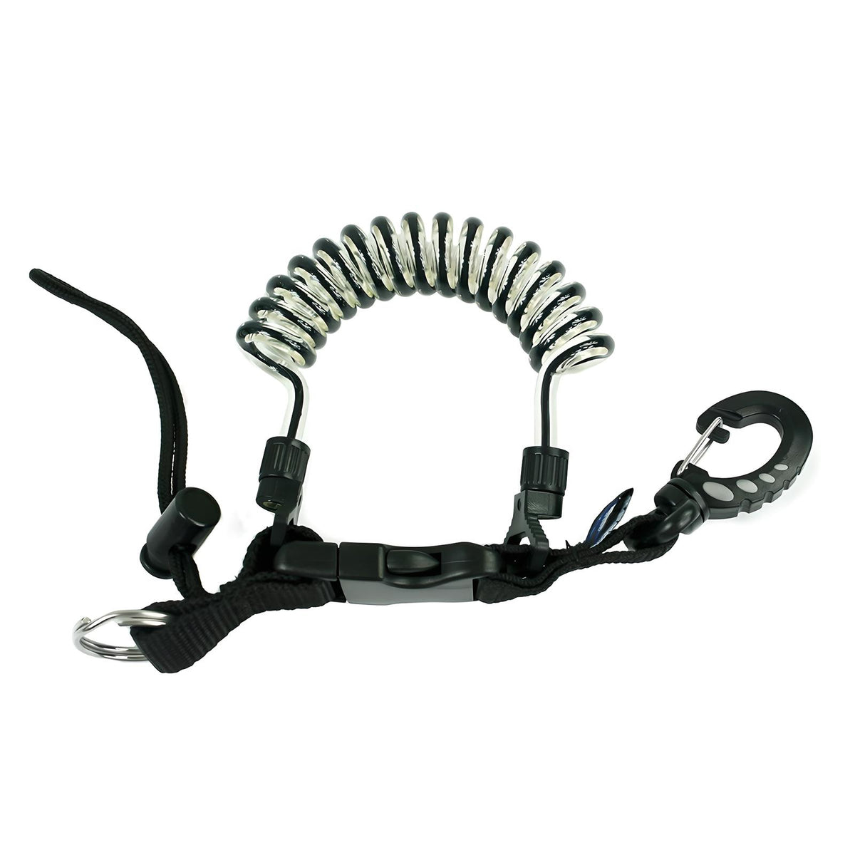 Scubatech black coil lanyard with plastic snap hook and quick-release loop