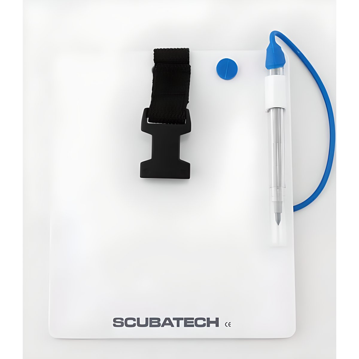 Scubatech white dive slate with clip and pencil on a blue cord
