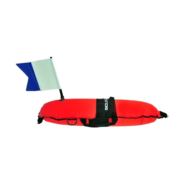Scubatech torpedo signal buoy in red with a dive flag and carry strap