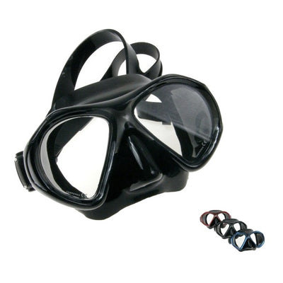 Scubatech Viper mask with black silicone skirt and black and silver frame, with the other frame colours shown small