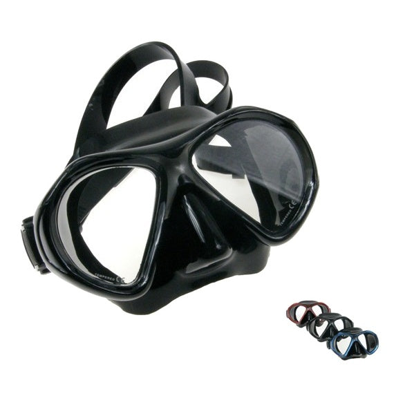 Scubatech Viper mask with black silicone skirt and red frame, with the other frame colours shown small