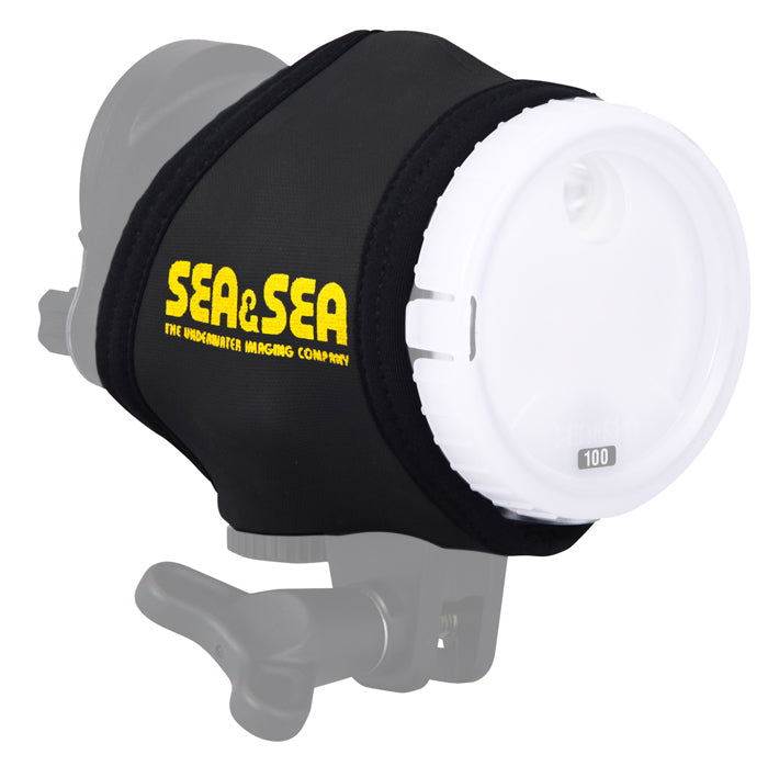 Sea & Sea YS-D1/D2 strobe cover, black neoprene sleeve fitted on a strobe shown in grey