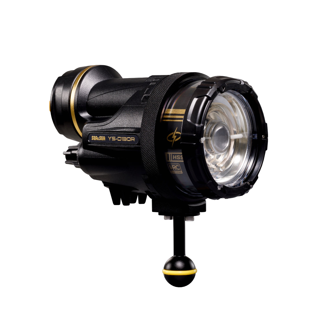 Sea & Sea YS-D130R strobe, front three-quarter view from the right with ball mount