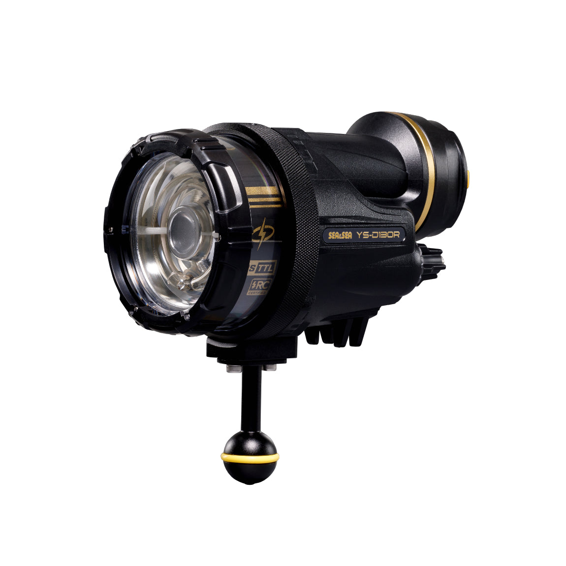 Sea & Sea YS-D130R strobe, front three-quarter view from the right with ball mount