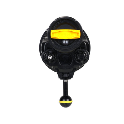 Sea & Sea YS-D130R strobe rear view with the yellow battery cap and dials