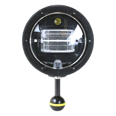 Sea & Sea YS-D3 DUO strobe head on, showing the twin flash tubes behind the lens