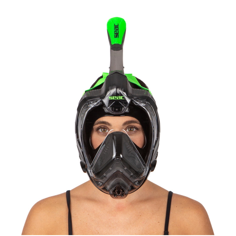 SEAC Libera full face mask in black and lime worn, front view