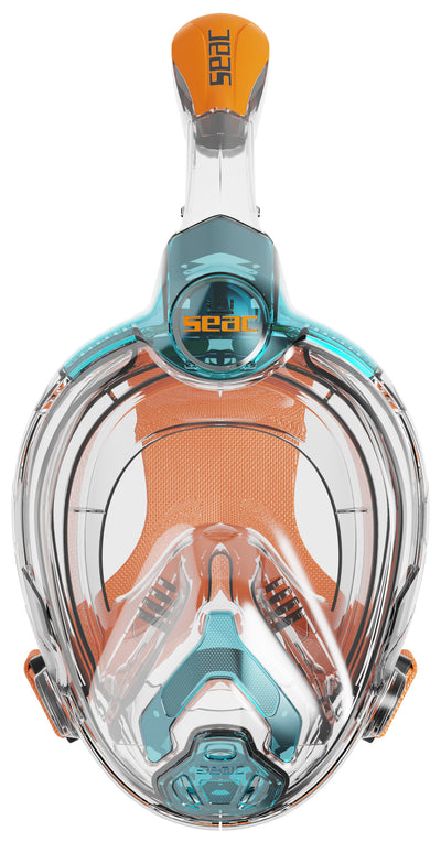 SEAC Libera Junior full face snorkel mask in aqua and orange, front view
