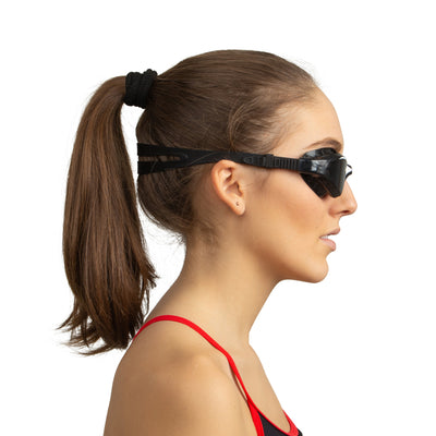 SEAC Lynx swim goggles in black and white worn, side profile