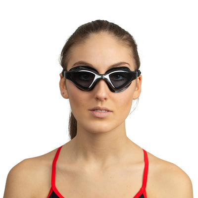 SEAC Lynx swim goggles in black and white worn, front view