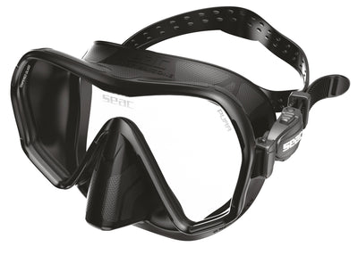 SEAC Pura frameless mask in black, angled front view