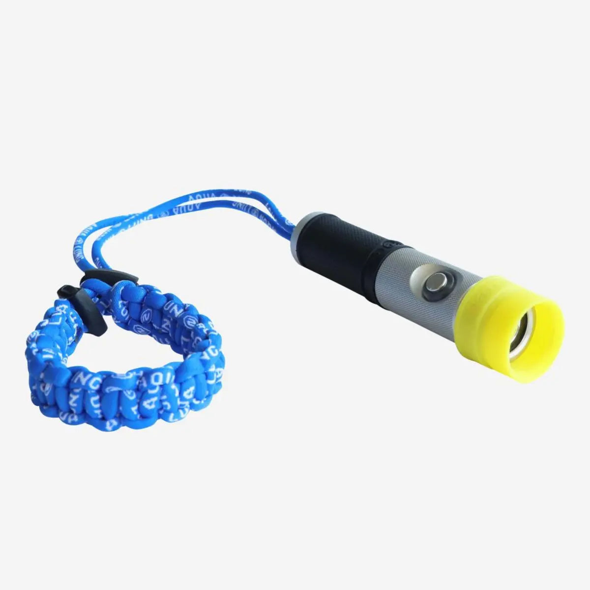 Aqua Lung Seaflare Mini dive torch lying beside its coiled blue paracord lanyard, yellow deflector fitted