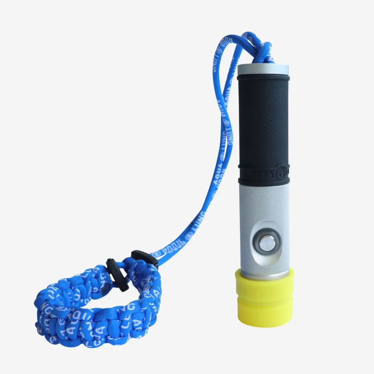 Aqua Lung Seaflare Mini dive torch with a yellow deflector and its blue paracord wrist lanyard attached