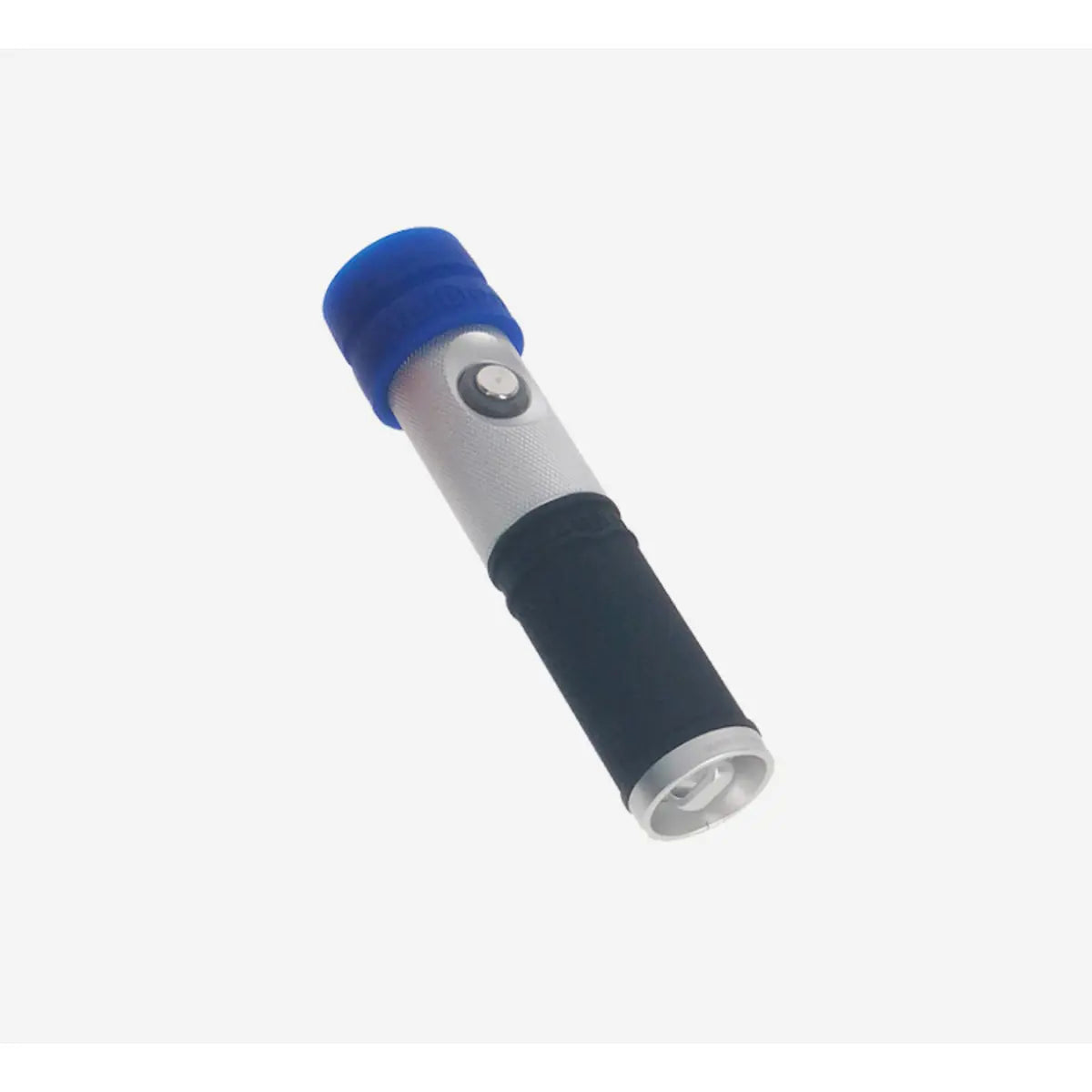Aqua Lung Seaflare Mini dive torch, side view of the aluminium body with a blue silicone deflector fitted over the head