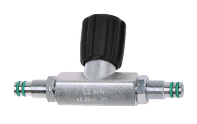 Tecline 171 mm manifold isolator bridge with black handwheel and green o-rings on both spigots