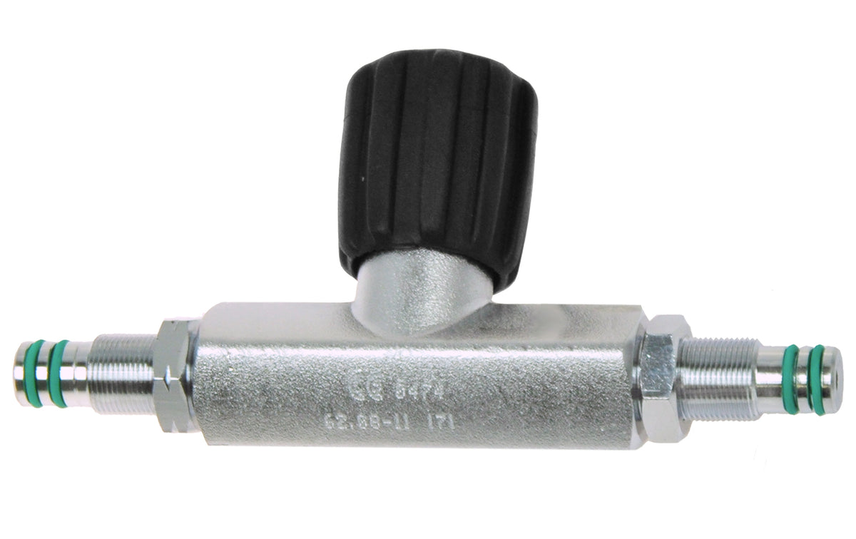 Tecline 171 mm manifold isolator bridge with black handwheel and green o-rings on both spigots