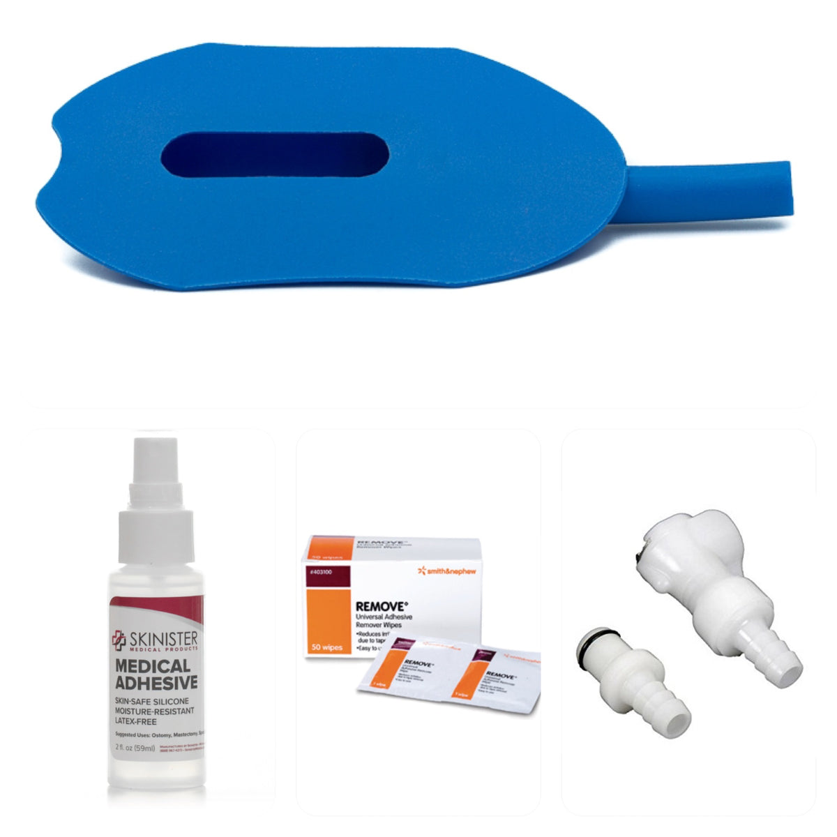 She Pee 3.0 Complete Kit in blue with adhesive, remover wipes and connectors