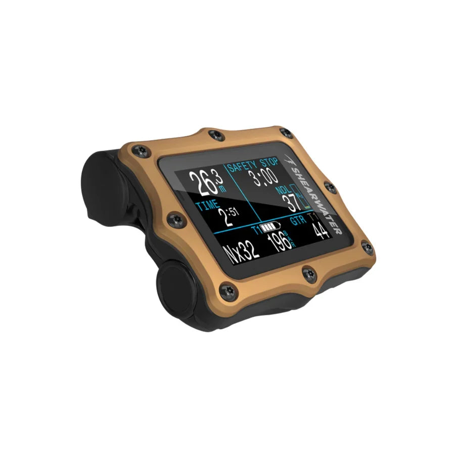 Shearwater Perdix 2 Ti Bronze Journeys Edition, angled view showing a Nitrox 32 dive at 26.3m