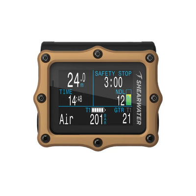 Shearwater Perdix 2 Ti Bronze Journeys Edition, front view of the bronze titanium bezel and display